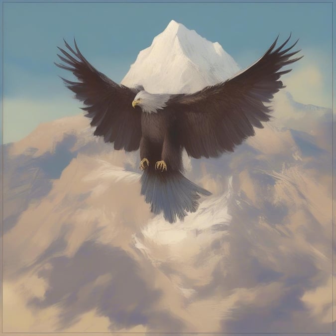 A majestic eagle in flight, soaring above the peaks of towering mountains with a clear sky as its backdrop. This image captures the spirit of freedom and the grandeur of nature.