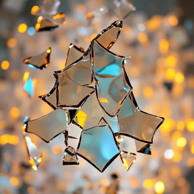 A unique chandelier crafted from shattered star glass pieces, casting a mesmerizing glow in the ambient light.