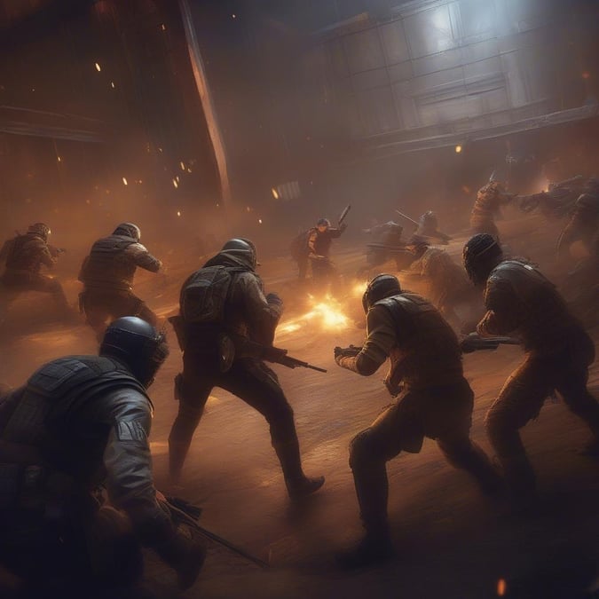 A group of soldiers, armed with rifles, fight in an intense combat situation. The chaos of the battle is heightened by the smoke and explosions around them.