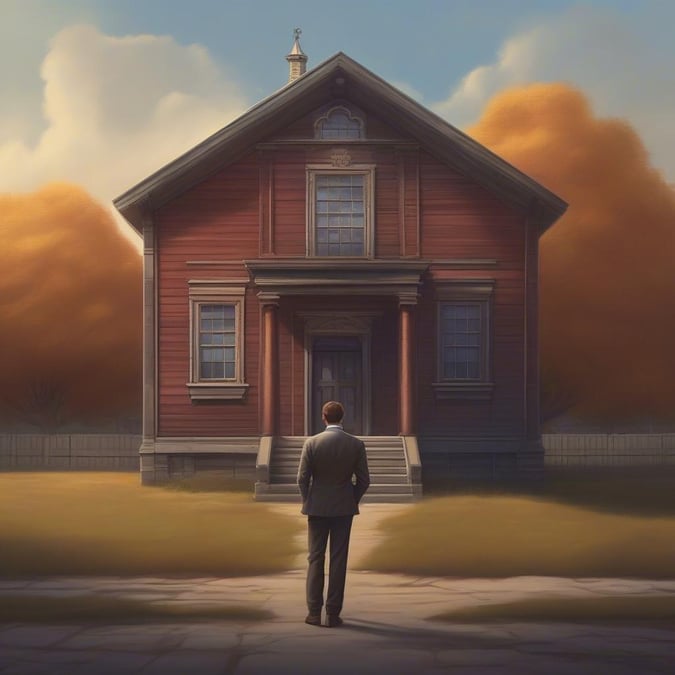 A man in a suit stands outside a large house, waiting for something to happen, as the dramatic sky in the background suggests a new chapter in his life.