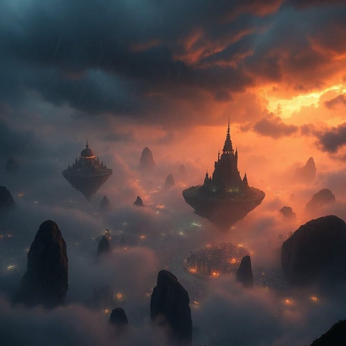 The fantasy world unveils as ancient city temples rise from the fog, illuminated by the setting sun. This otherworldly scene is a spectacle of ancient architecture and mystical landscapes.