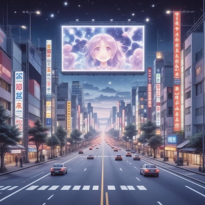 Immergiti nel vibrante mondo dell'anime con questo straordinario sfondo della skyline di Tokyo, che presenta una città vivace, pubblicità olografiche e auto volanti sotto un cielo scuro.