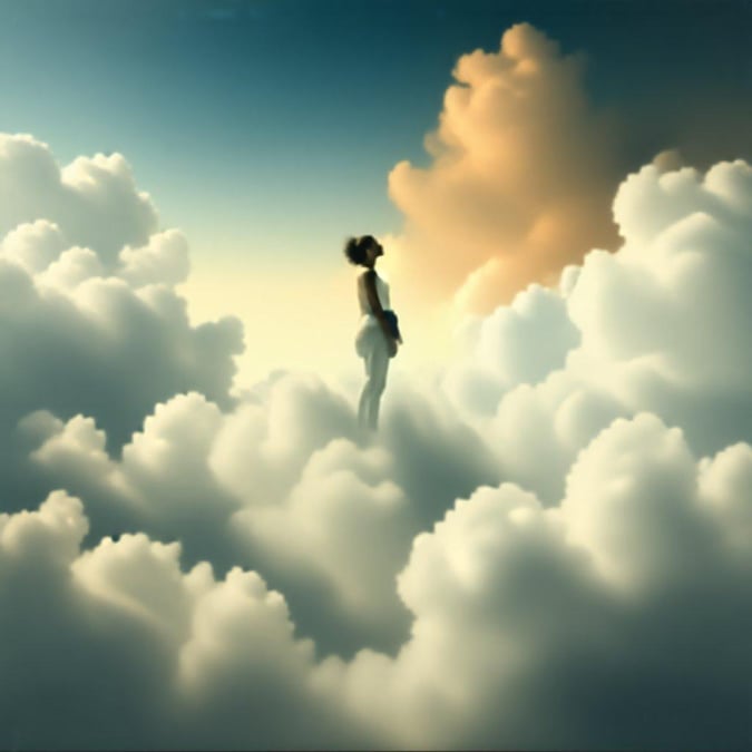 A person gazing at the clouds, surrounded by an ethereal landscape. The image captures a moment of tranquility and introspection, where one seems to be floating above the world.