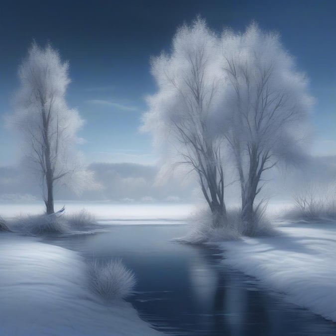 A serene winter scene with frost-covered trees reflecting on a calm river, evoking the tranquility of nature during the colder months.