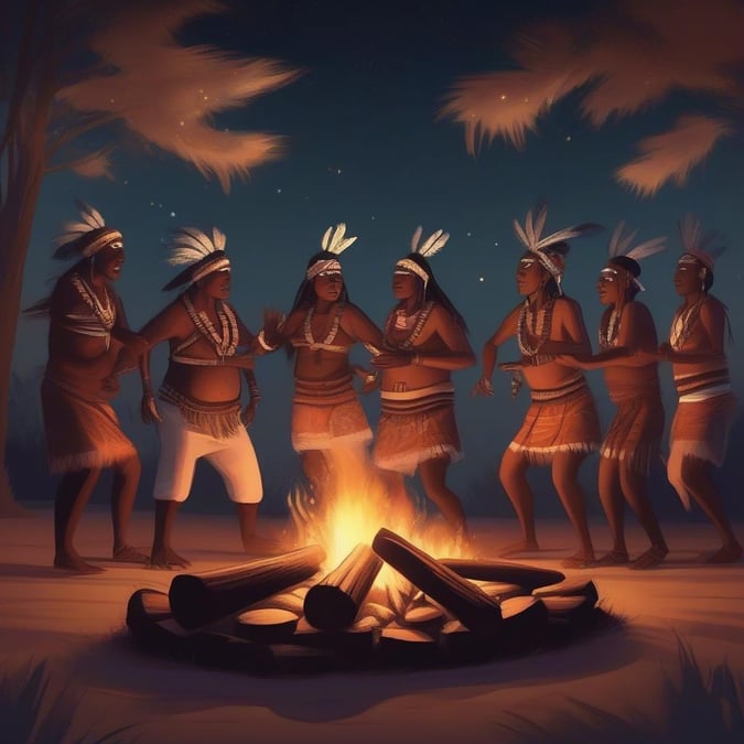 A group of indigenous people gathered around a campfire, sharing stories and singing songs under the night sky.