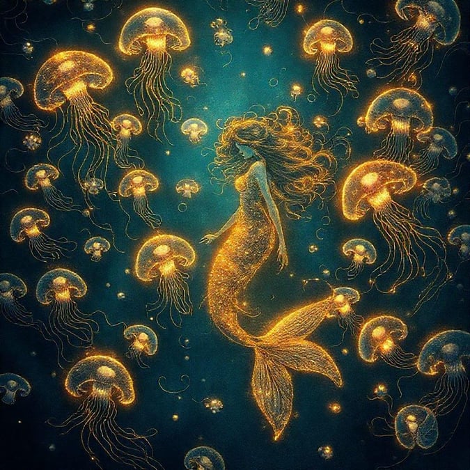 This beautiful wallpaper features a mermaid surrounded by jellyfish, creating a stunning and dreamy scene. The mermaid's long hair flows in the water, while the jellyfish add a touch of whimsy and wonder to the image.