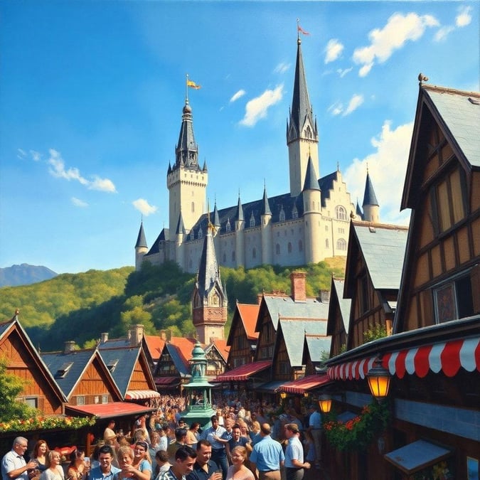 A lively outdoor market bustling with people, near the famous German castle during the Oktoberfest celebration.