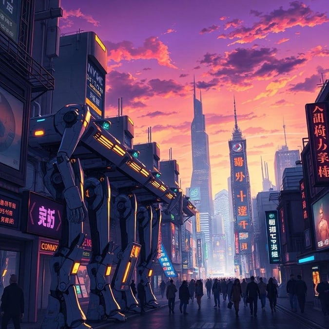 This anime illustration captures a futuristic cityscape at dusk, with a bustling street lined with tall robots. The scene exudes a sense of motion and mystery, with the robots standing out against the dark surroundings.