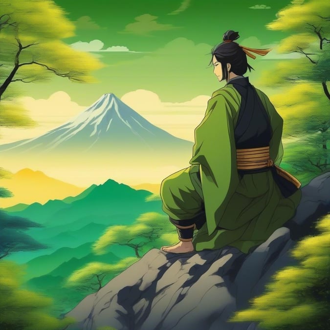 En anime-stil illustration fanger roen hos en samurai på toppen af et frodigt bjerg, der bader i det bløde lys fra daggry eller skumring, med den majestætiske Mount Fuji i det fjerne.