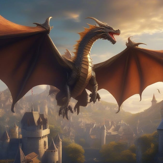 A majestic dragon takes flight over a medieval kingdom, with castle spires peeking from the misty horizon.