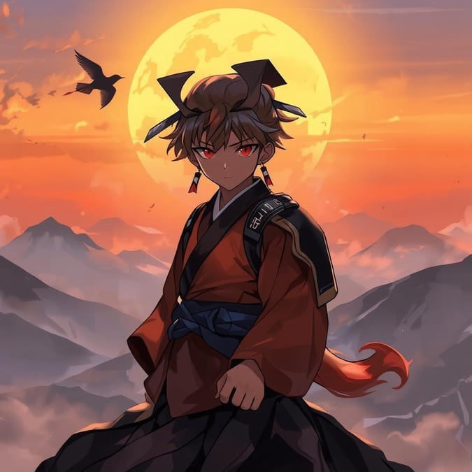 This anime-style illustration features a young samurai standing on top of a mountain peak, with a striking sunset and a small bird flying in the sky. The samurai's light brown color with a black body and a black head, red tail, and yellow tail make for a visually appealing contrast against the bright orange sky and dark gray sun.