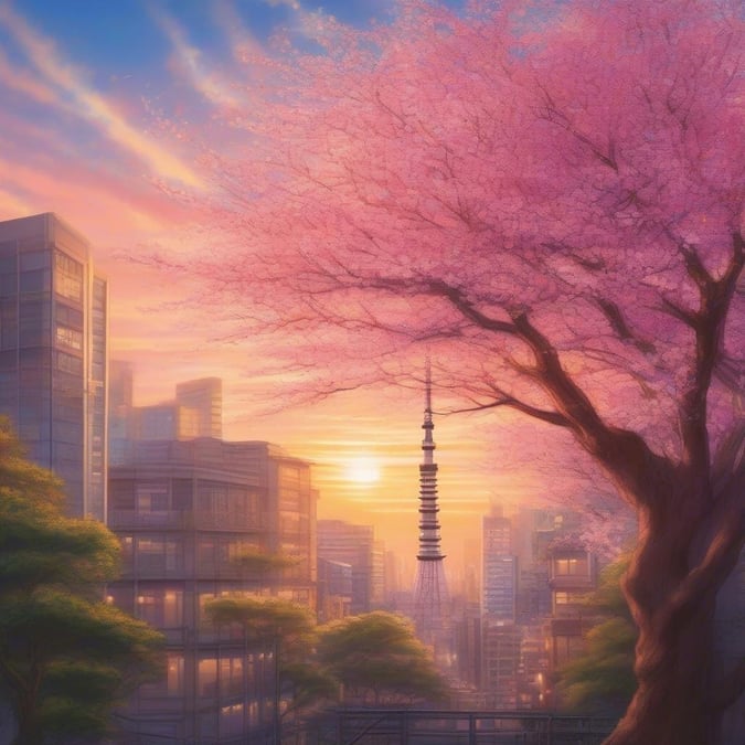 Experience the beauty of Tokyo in this stunning anime-style wallpaper, featuring a cherry blossom tree amidst a bustling cityscape.