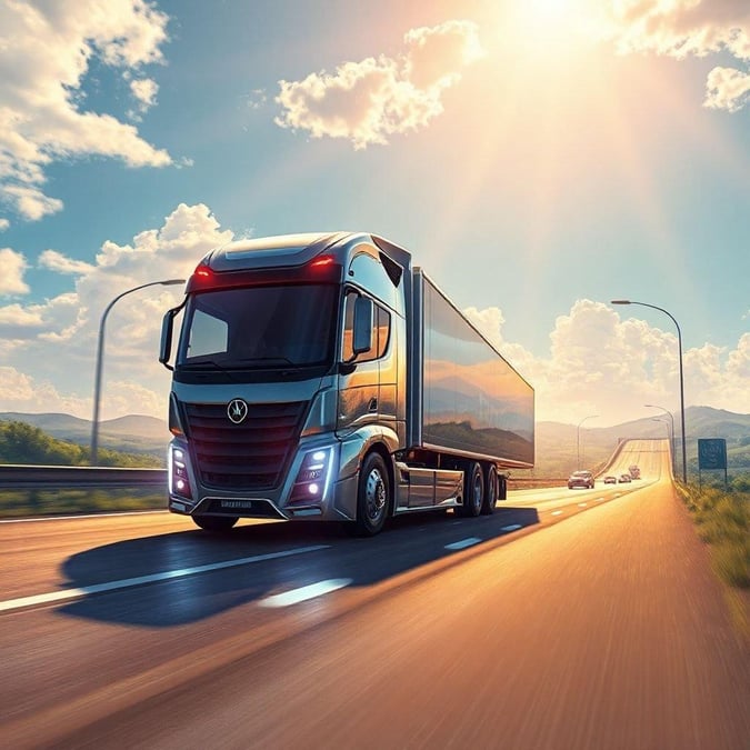 A sleek, aerodynamic semi-truck driving down the highway with a scenic backdrop.