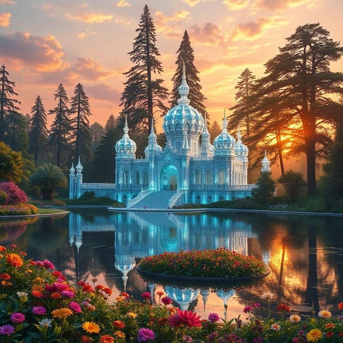 Experience the serene beauty of this fantastical castle, a stunning display of architecture and design. The warm glow of the sunset bathes the white structure with hues of orange and pink, creating a magical atmosphere that's straight out of a fairy tale.