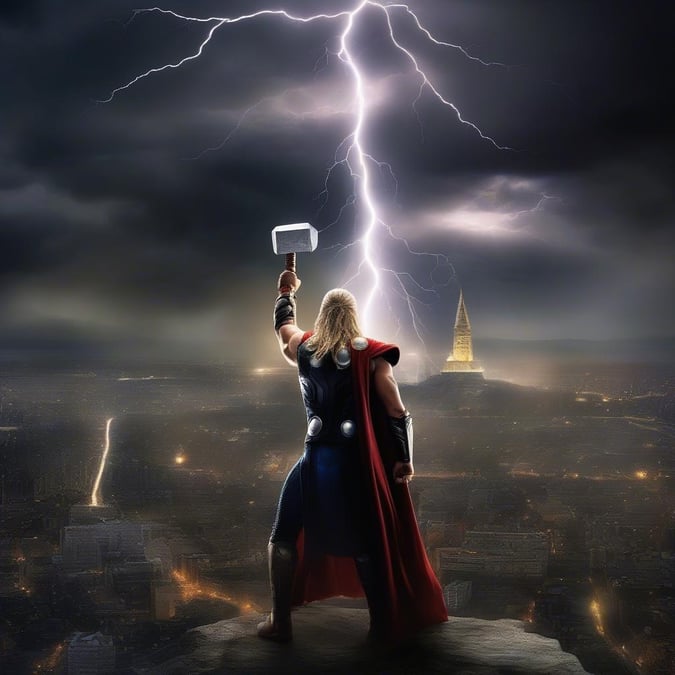 A scene from the movie Thor, where he holds his mighty hammer Mjolnir. The stormy sky in the background represents the god of thunder's power over nature.