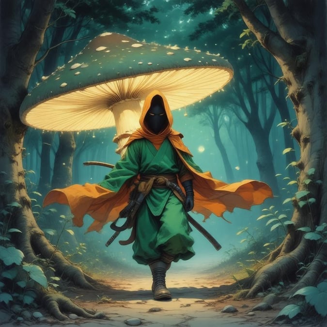 A captivating anime illustration of a ninja character in a forest setting, with a large mushroom adding to the sense of mystery and intrigue.