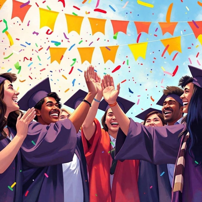 A joyous scene of classmates celebrating their graduation with pom poms and cheers.