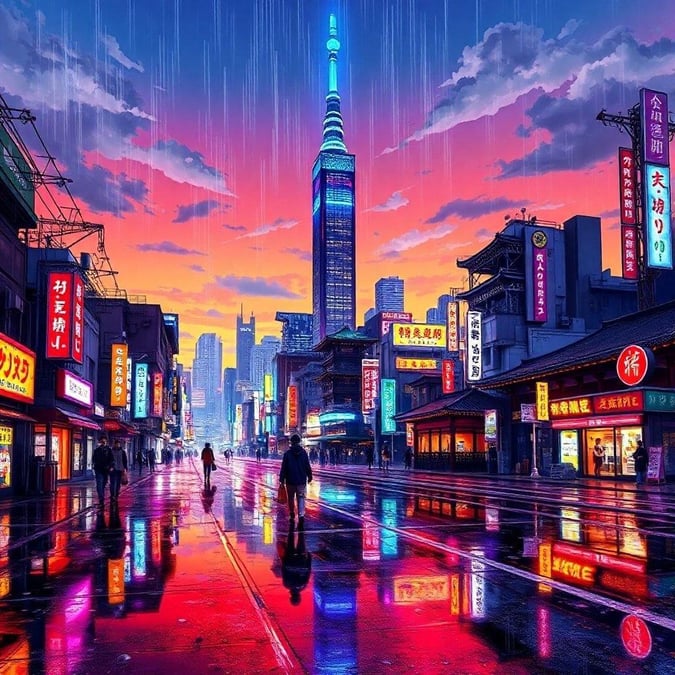 Oplev det livlige og futuristiske Tokyo bybillede med dette fantastiske tapet. Det våde fortov reflekterer neonlysene, mens en stor bygning med en lysende top skiller sig ud i baggrunden og fanger den livlige og animerede atmosfære i byen.