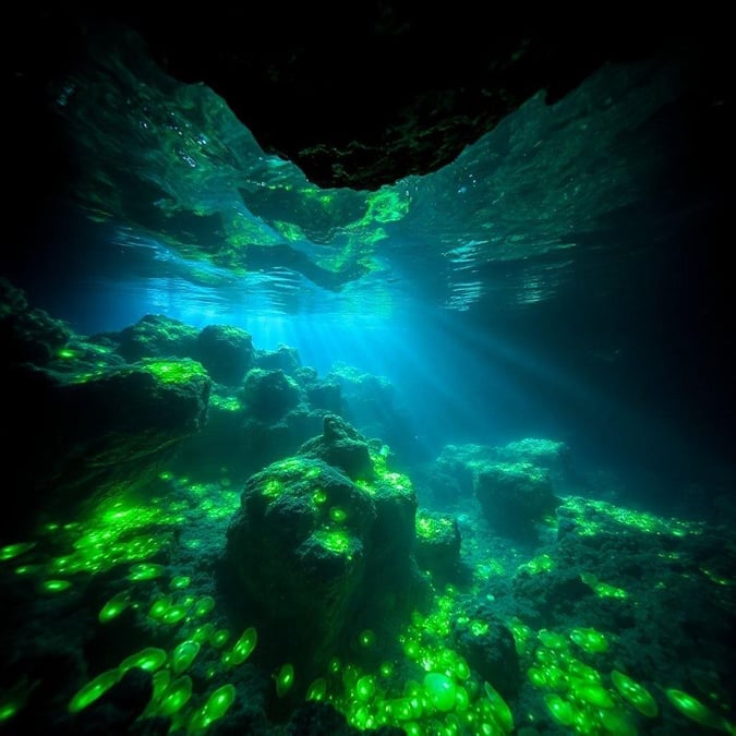 An underwater view through the porthole of a submarine, capturing the enchanting sea creatures that glow in their natural environment.