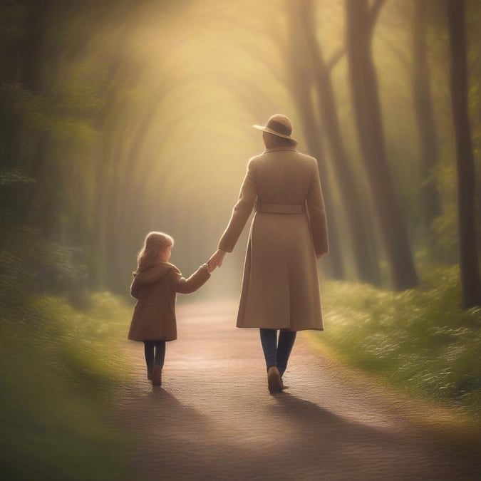 This peaceful scene depicts a mother and daughter enjoying a walk together in a misty, forest path. The tranquility of the setting is perfect for a quiet conversation or to share stories.