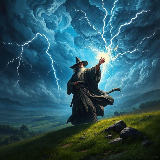 This stunning wallpaper features Gandalf the Grey, a powerful wizard from J.R.R. Tolkien's Middle-earth legendarium, standing on a hill with lightning bolts illuminating the sky. The image captures the essence of fantasy and adventure, making it a perfect fit for fans of the Lord of the Rings series.