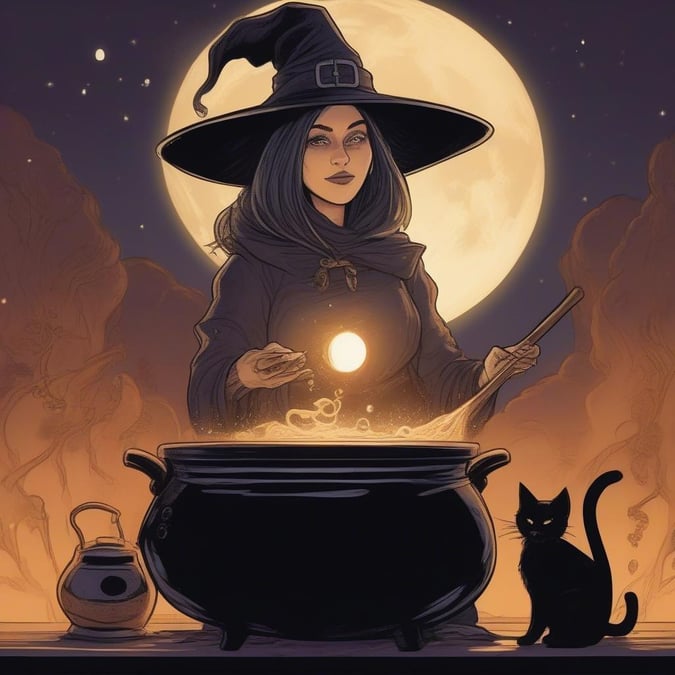 A witch is brewing a potion in her cauldron, surrounded by a black cat and a full moon. The atmosphere is spooky and magical, perfect for the Halloween season.