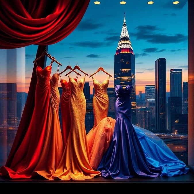 Catch the glow of city lights reflected on the shimmering sequins of a line of stunning evening gowns. A colorful array of fashion, waiting to grace any event with their elegance.