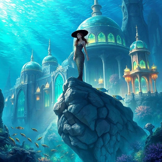 This stunning wallpaper features an underwater city inspired by anime, complete with a merfolk and intricate architecture.