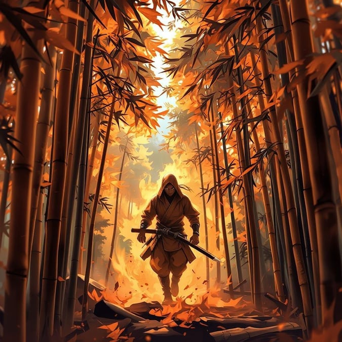 Diese Anime-Illustration zeigt einen einsamen Ninja, der durch einen dichten Wald aus hohen Bambusbäumen navigiert, vor einem warmen orange-gelben Hintergrund.