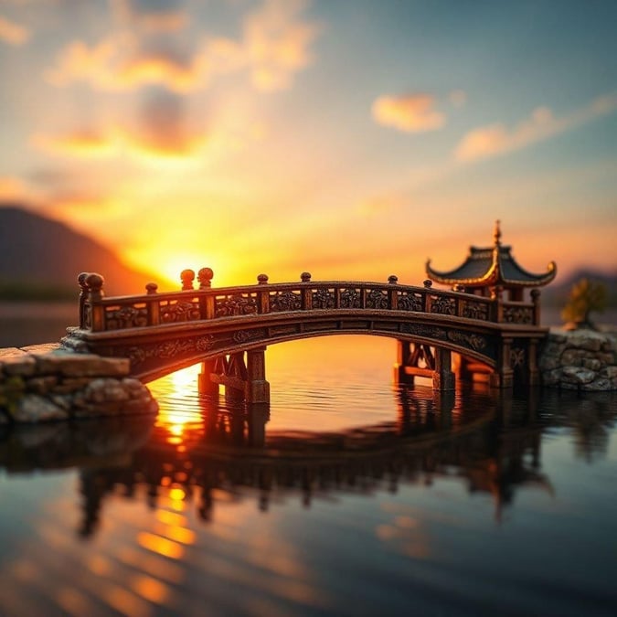 A tranquil scene of a traditional Chinese bamboo bridge with intricate designs, set against the backdrop of a vibrant sunset.