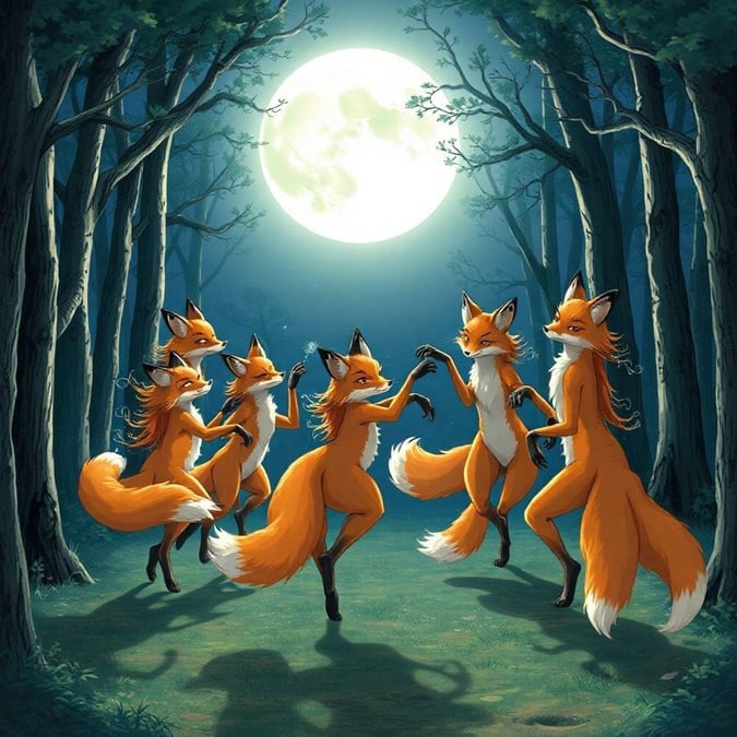 Get ready to be enchanted by this magical anime wallpaper featuring a group of fox spirits dancing under the full moon. With their vibrant orange fur and long tails, these mystical creatures are sure to captivate your imagination.