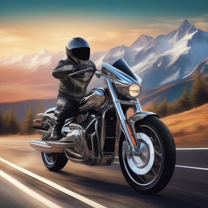 A biker, clad in a full leather suit with helmet, riding a sleek motorcycle along a winding mountain road at sunset. The backdrop features towering mountains and dramatic skies, enhancing the adventurous spirit of the journey.