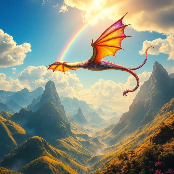 A beautiful and imaginative depiction of a dragon in flight, soaring through the sky with its wings spread wide.