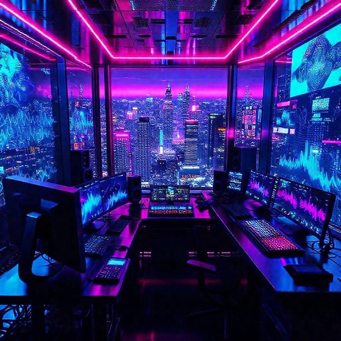 Step into a futuristic music studio, where technology and artistry merge. With high-tech equipment at your fingertips and the pulse of a vibrant city in the background, this is the ultimate workspace for a cutting-edge producer. Whether you're creating beats or mixing tracks, this sleek setup is ready to turn out bangers that will make the world dance.