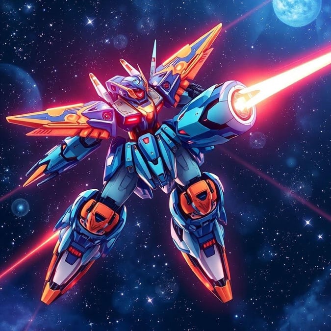 Get ready to blast off into the world of anime with this stunning wallpaper featuring a futuristic mecha soaring through a starry night sky. The mecha's vibrant blue and orange hues are perfectly complemented by the intricate patterns and glowing red eye, making it a true masterpiece of digital illustration.