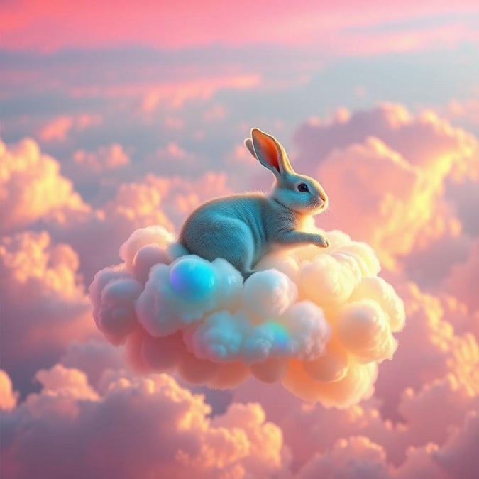 Float away to a world of serenity with this adorable rabbit perched on a cloud, surrounded by a soft pink sky. This whimsical wallpaper is perfect for adding a touch of peace and tranquility to your desktop or mobile device.