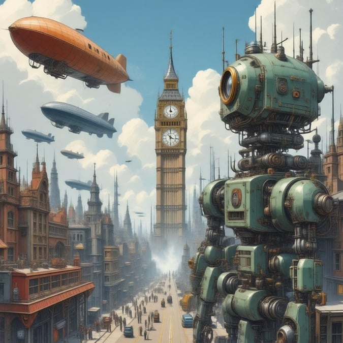 Immerse yourself in the vibrant world of steampunk with this captivating cityscape wallpaper. The illustration brings to life a bustling metropolis, complete with towering clock towers and intricate details that evoke a sense of wonder.