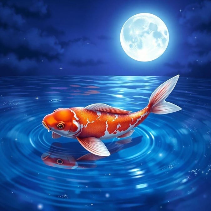 This stunning wallpaper features a koi fish swimming gracefully through a pool of water, set against the backdrop of a full moon. The vibrant hues of the night sky add to the serene atmosphere, creating an anime-like scene that is both captivating and peaceful.