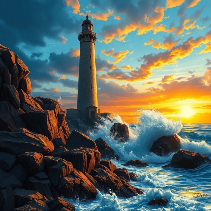 A breathtaking ocean scene featuring a classic lighthouse, the warm glow of a setting sun and the gentle waves caressing the rocky shore.