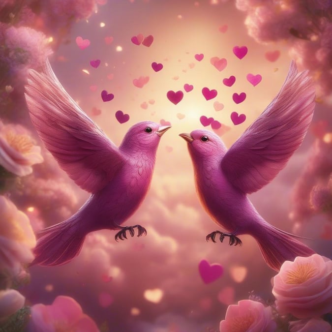 A romantic couple of pink lovebirds with hearts floating around them, perfect for a wedding or anniversary background.