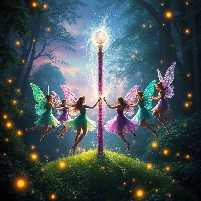 A mystical gathering of enchanting faeries in the heart of their magical forest. The glowing sphere at the center is their source of magic and connection to the natural world.