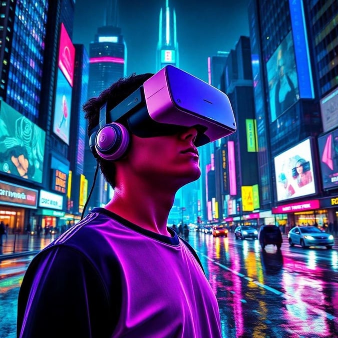 A man exploring the vibrant neon-lit streets of a cyberpunk city at night.