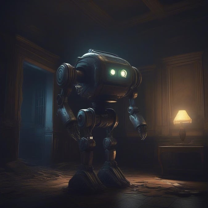 A small mechanical being stands in the doorway of an old, rustic room. The robot is poised to explore the unfamiliar surroundings, perhaps intrigued by its human counterparts who may be nearby.