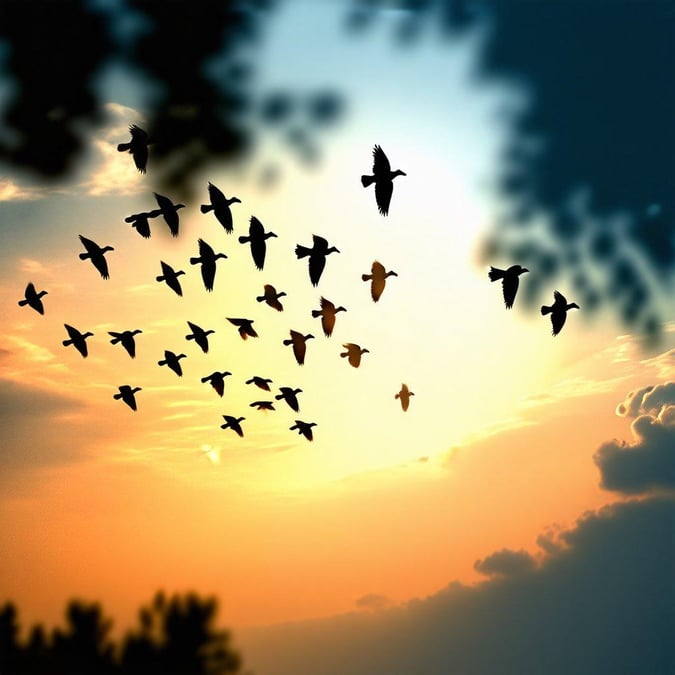 A group of birds soaring across the sky during sunset, creating a serene backdrop against silhouetted trees.