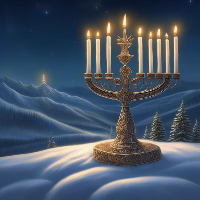 Denne majestætiske digitale illustration fanger essensen af Hanukkah med en smukt designet menorah i centrum. Stjernerne skinner klart over en fredelig bjergkæde og skaber en fredfyldt scene, der fejrer Lysenes Fest.