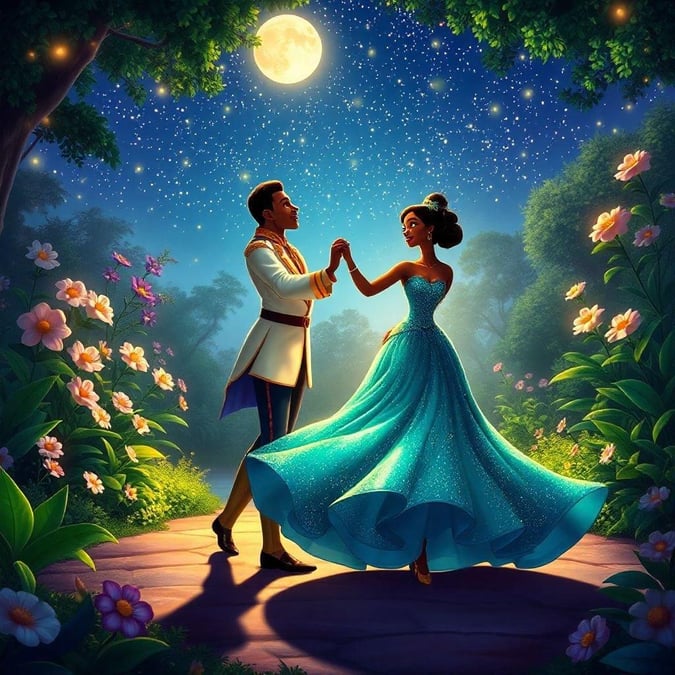 Two Disney characters dancing under the night sky, enchanted by their love for each other.