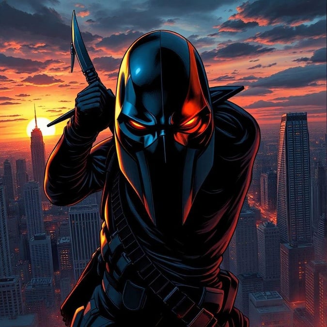 This image is a wallpaper featuring a ninja in the city, perfect for desktop and mobile use. The image showcases a ninja character in a city setting, with a sunset in the background. The image is likely to appeal to fans of comic legends and those who enjoy action-packed scenes.