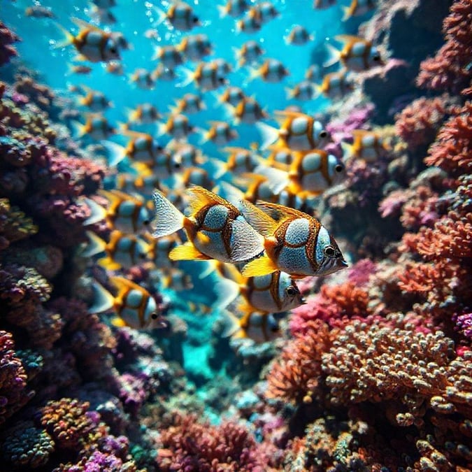 An enticing dive into the world of vibrant marine life, featuring striking clownfish among a bedazzling array of coral formations.