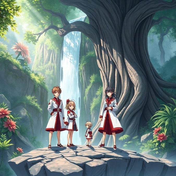 Este papel de parede de anime apresenta um grupo de quatro pessoas em pé em uma plataforma de pedra, cercadas por uma cachoeira misteriosa e natureza, criando uma sensação de um reino fantástico.