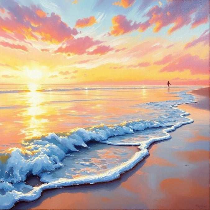 A serene beach scene at sunset, with gentle waves lapping against the shore. The warm colors of the sky cast a beautiful glow over the calm waters.